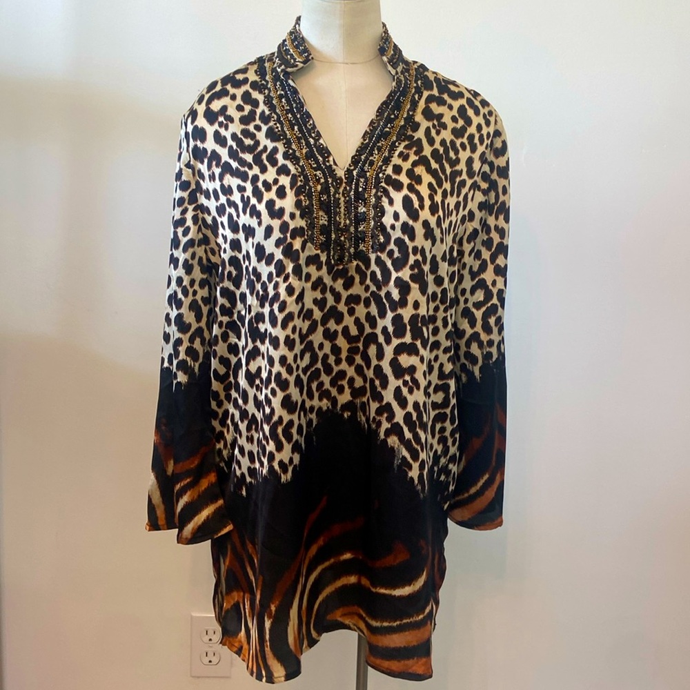 CHICO'S Embellished V-Neck Mixed Animal Print Cheetah Tunic 3/4 Sleeves 1 US 8